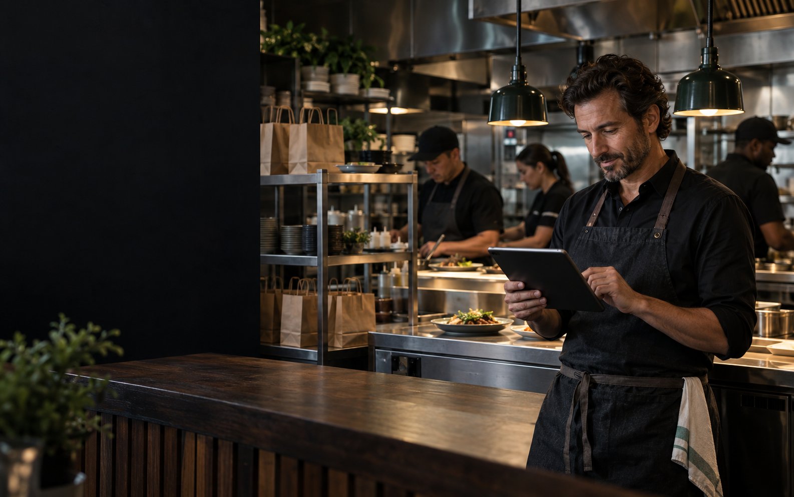 Restaurant operator reviewing digital operations on a tablet while the kitchen team works behind him